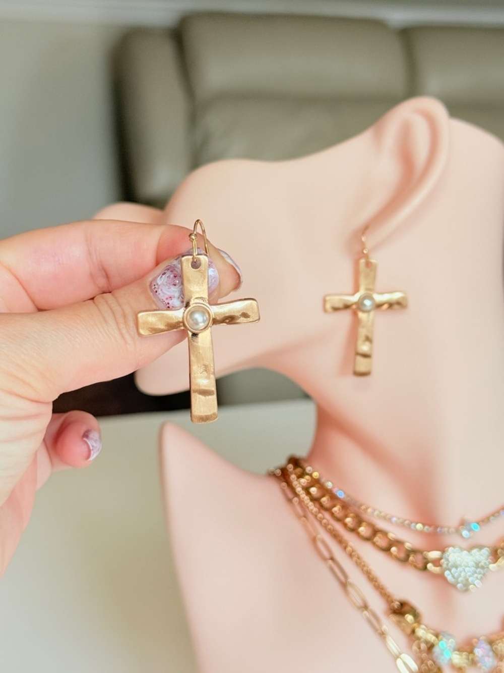 Gold Cross Dangle Earring with Center Accent - Picture 3 of 11